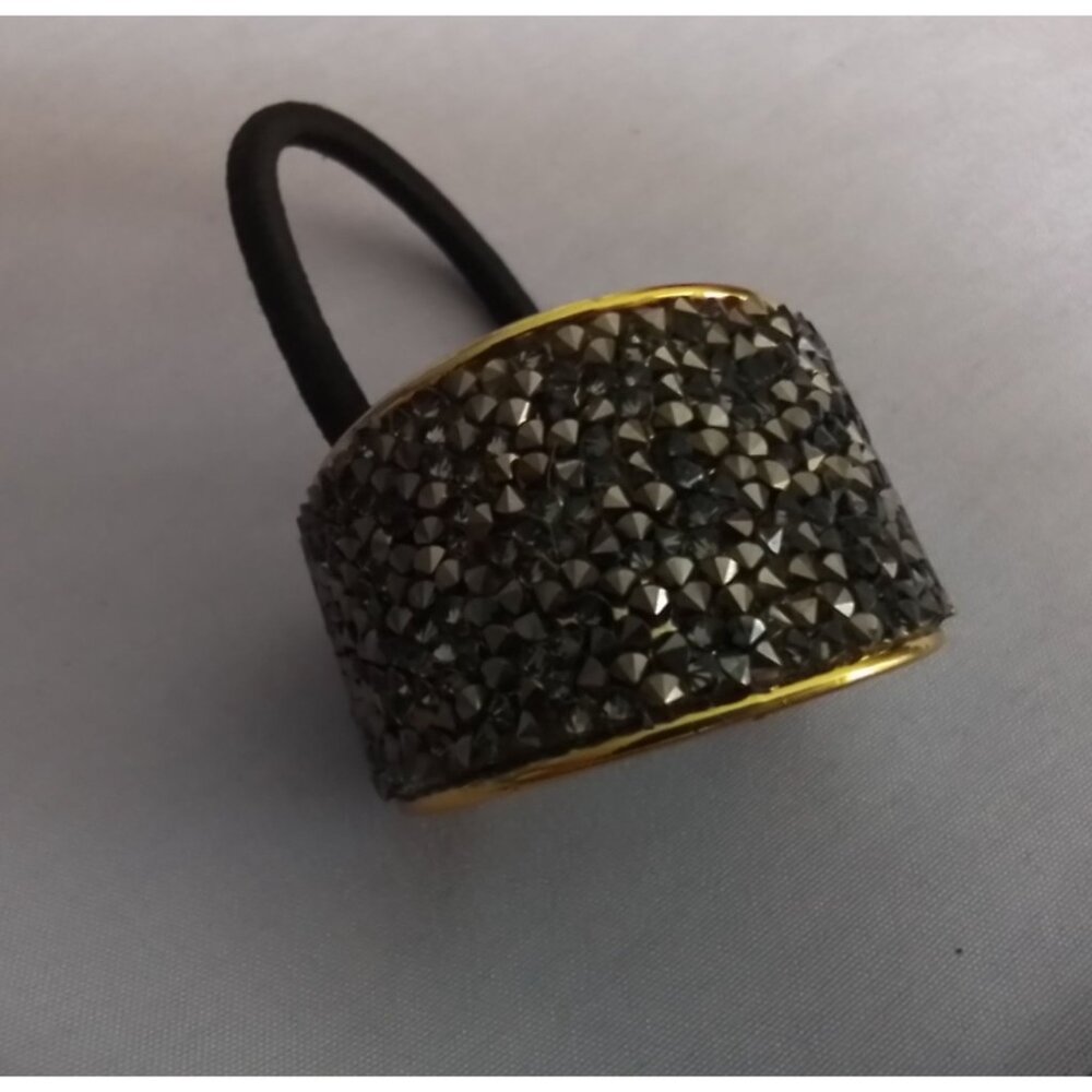 Elegant Black Beaded Hair Tie Gold Tone Trim Decorative Elastic Band